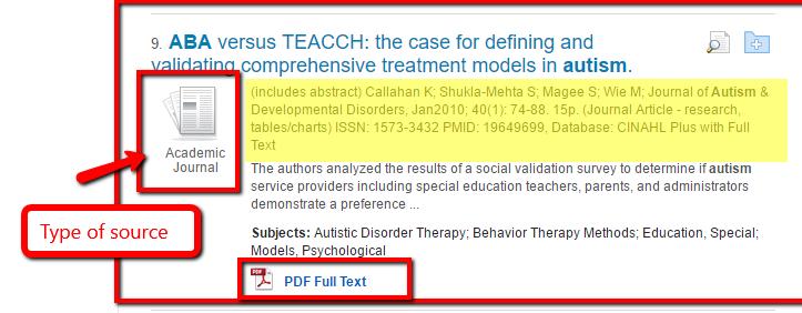 FINDING SOURCES AND USING THE LIBRARY S CITE FEATURE Conduct a search using Autism ABA to