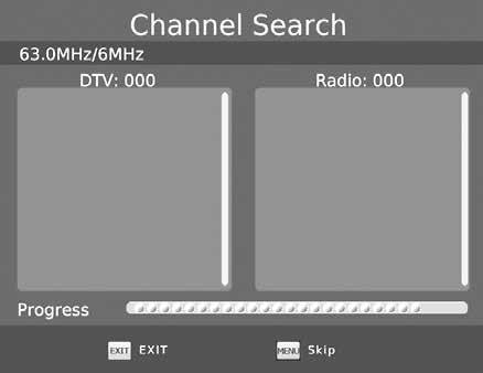 With the Cable option highlighted: Use the UP arrow to navigate to the Auto Search option Use the RIGHT arrow key to activate a channel search A scanning status screen showing the progress of the