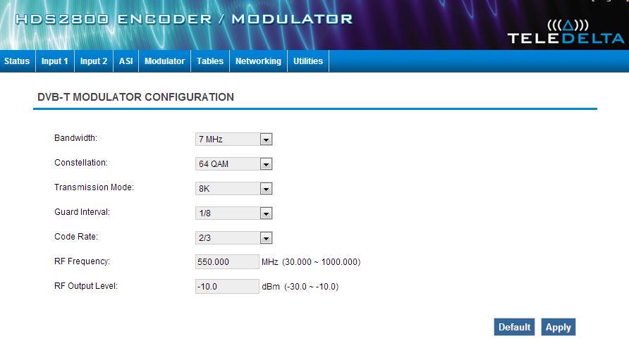 4.5 Modulator setting Label Options Comment Bandwidth User set the range is: 6MHz, 7MHz and 8MHz. Australia is 7MHz Constellation User set QPSK, 16QAM and 64QAM.