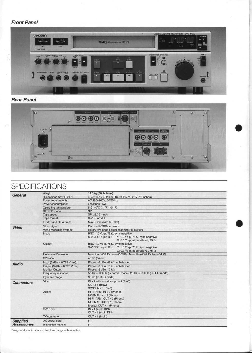 Front Panel Rear Panel SPECIFICATIONS General Video Audio rv>nn*v?