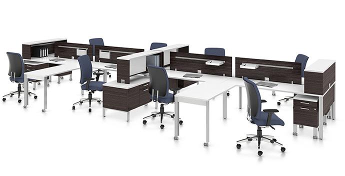 features including worksurface power/data access, glass or laminate partition, out-of-sight wire