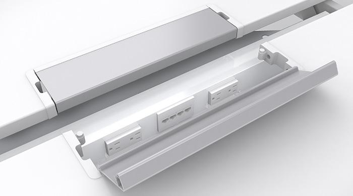 Above worksurface trough allows for immediate power-data access for a multitude of mobile devices Wire