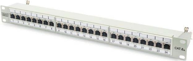 PATCH PANEL 483 mm 19" PATCH PANEL (LSA+) CAT 6 A, SHIELDED 24 Ports, Grey (RAL 7035), 1 U AREA OF APPLICATION Up to 500 MHz, 10 GBase-T NORMS ISO/IEC 11801 2nd Ed.; EN 50173-1; EIA/TIA 568-C 802.