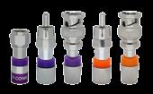 RGB/ Mini Coax Compression Connectors Compression Connectors INDUSTRY USE: COMMERCIAL PROFESSIONAL A/V SECURITY Available in two sizes: RG15 (22-24 AWG), purple RG1 (25-26 AWG), orange F, RCA & BNC
