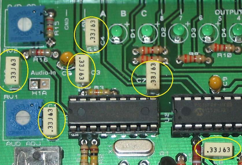 Insert the 6.1 uf capacitors (.22uf might be substituted here).