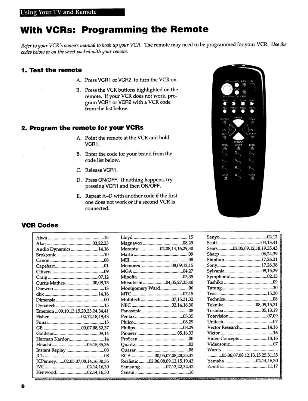 With VCRs: Programming the Remote R,_er to your VCR's owners manual to hook up your VCR. The remote may need to be programmed for your VCR. Use the codes below or on the sheet packed with your remote.