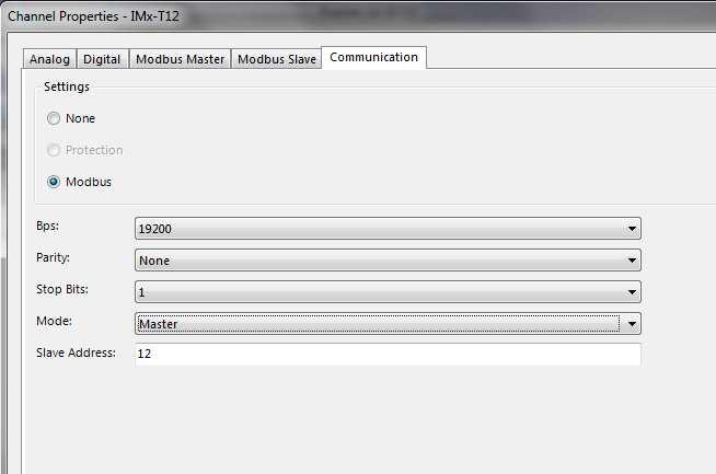 Configuring Modbus Capability for IMx Configuring IMx Units for Modbus Configuring the Modbus Master When you set this IMx as a Modbus master, you can configure and enable virtual channels (via the