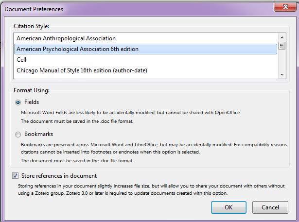 If this is the first citation you have added to the document the Document Preferences window will open.
