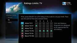 TV Programs Highlight and select the TV ratings limit you desire. In addition to allowing or blocking shows by TV rating (i.e. TV-MA), you can also set ratings limits for particular types of content such as Fantasy Violence (FV), Dialogue (D), Language (L), Sexual Content (S) and Violence (V).