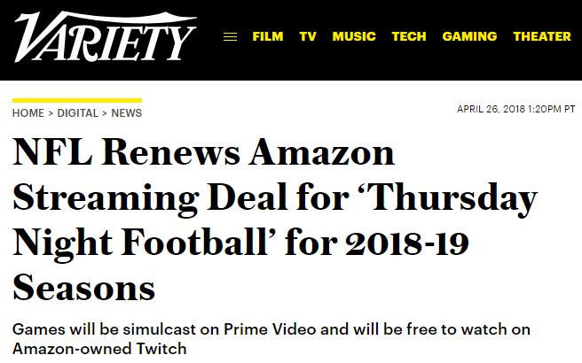 After They First Streamed Games In 2017, Amaz Signed A Two-Year Deal With The NFL To Live-Stream 11 Thursday Night Football Games During The 2018 & 2019 Seas The Deal The Schedule 11 Thursday Night