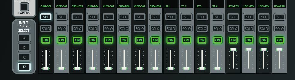 Firstly press the 13-24 button in the OUTPUT FADERS SELECT section. Make sure that the LEX1 bus master (fader 9) is positioned at the 0dB point and that the ON button is illuminated.