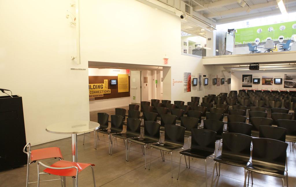 With simulcast projection between floors, the Center for Architecture can accommodate lectures of up to 275 seats. Standing reception capacity is 500.