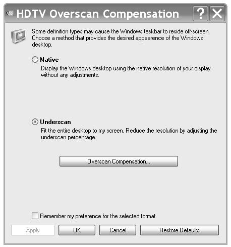 To optimize the screen size for HDTV resolutions above 480p: 1 Close Media Center. 2 Right click the desktop, select nvidia Display, and click Overscan Compensation in the dialog box.