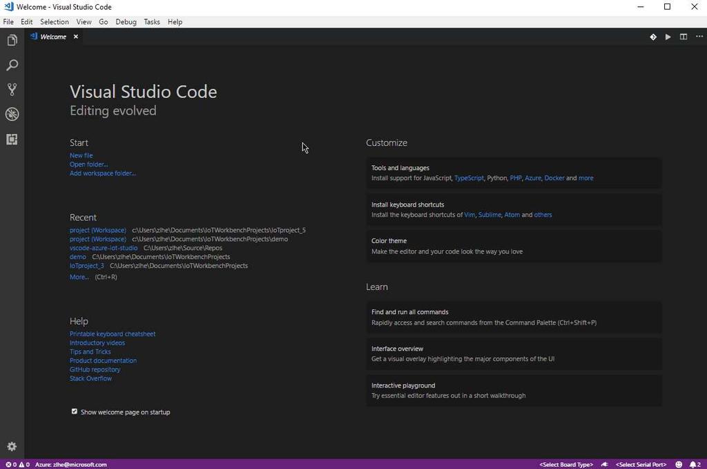 Azure IoT workbench for Visual Studio Code IoT Workbench aims to support multiple popular IoT development boards and kits.