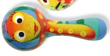 Rattle (in the shape of maracas) for children too young to sit up. Overall length about 10 cm. Brightly coloured rattle with a girl's face painted on the rattle head.