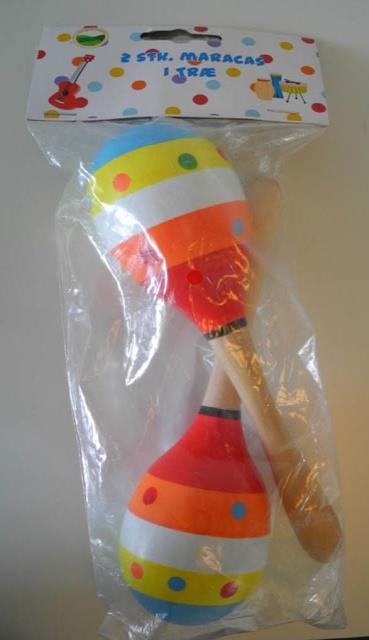 Wooden toy maracas Overall length 20 cm, weight 63,5 g. Not convenient size for grasping by infants.