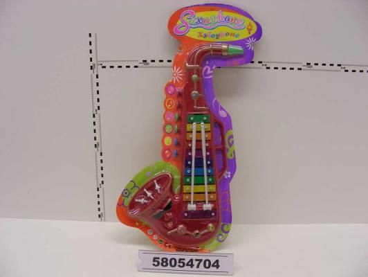 Brightly coloured plastic item combining saxophone and xylophone. The saxophone is about 50 cm high, the xylophone about 25 cm.