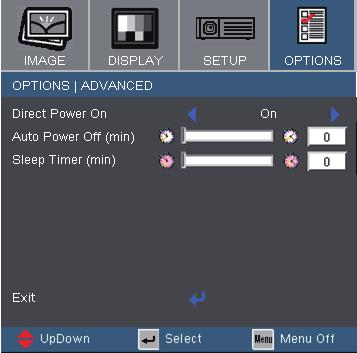 User Controls Options Direct Power On Choose On to turn on Direct Power On mode.
