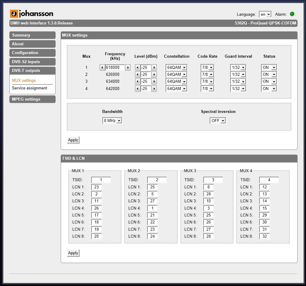 CONFIGURATION OF THE OUTPUT Navigate to the MUX SETTINGS to configure the COFDM output parameters.