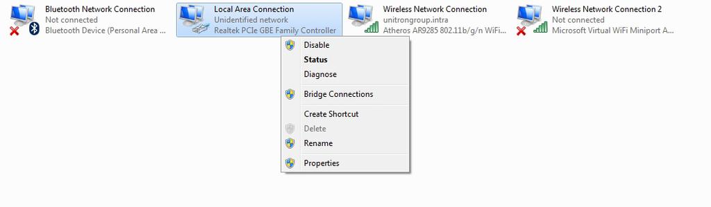 Right-click on the Local Area Connection