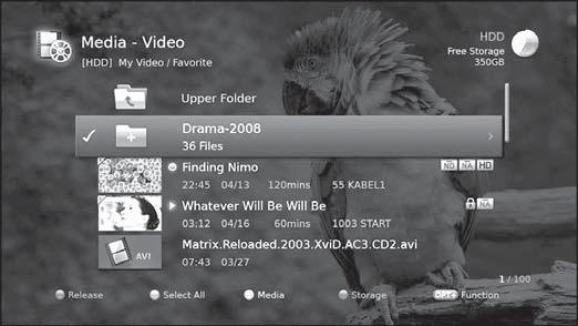Media List Using Video List You can play TV/Radio recordings or XviD files from the built-in hard disk drive, the USB storage devices, or the DLNA compliant devices.