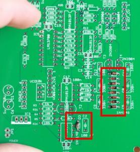 Positions of the diodes on the analog PCB. Resistors Next step is the resistors. The resistors are about 6 mm long and somewhat higher than a diode.