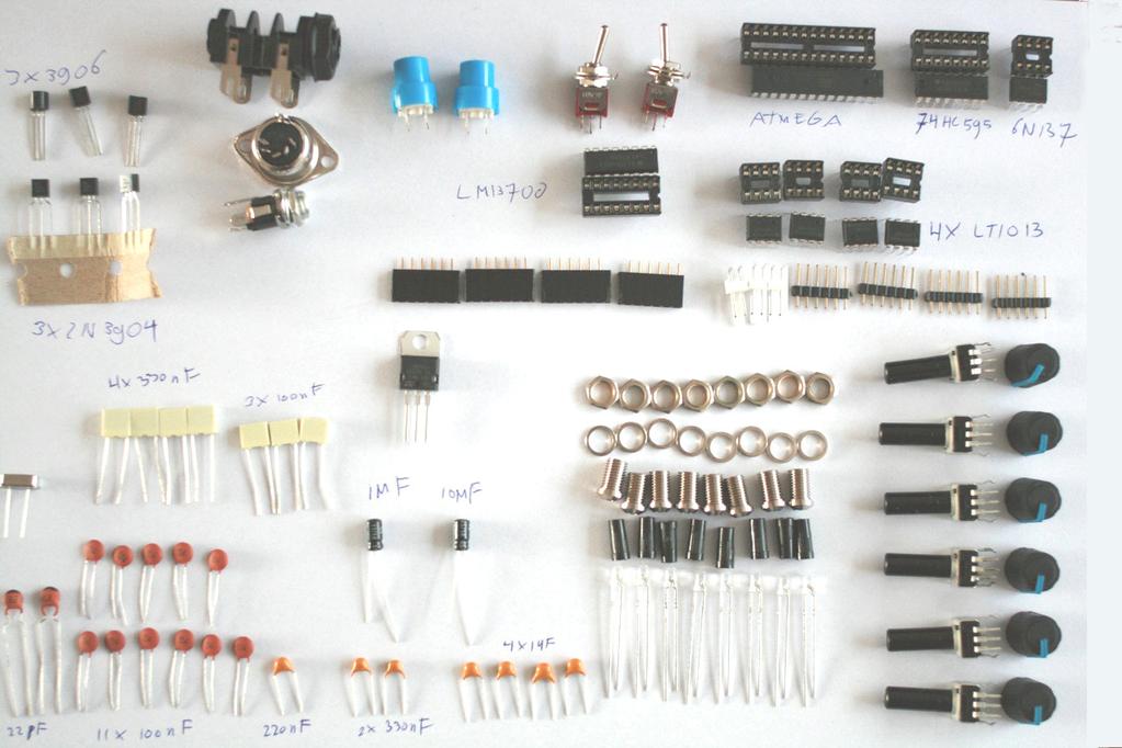 Photo of all kit components excluding diodes and