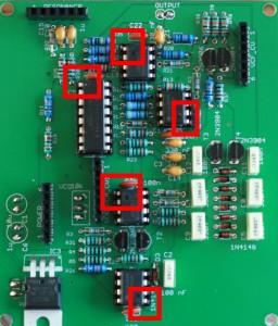 Assembled analog PCB with IC s, mind the orientation of the dots.