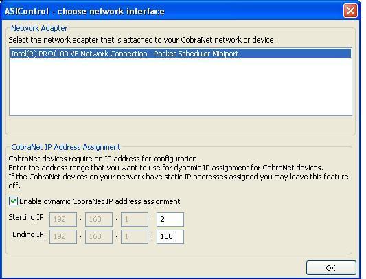 Auto-IP Assignment Range. Clicking on it opens the ASIControl choose network interface dialog box.