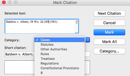3. Once you click Mark Citation, the citation should appear in the Selected text box (see diagram on the next page).