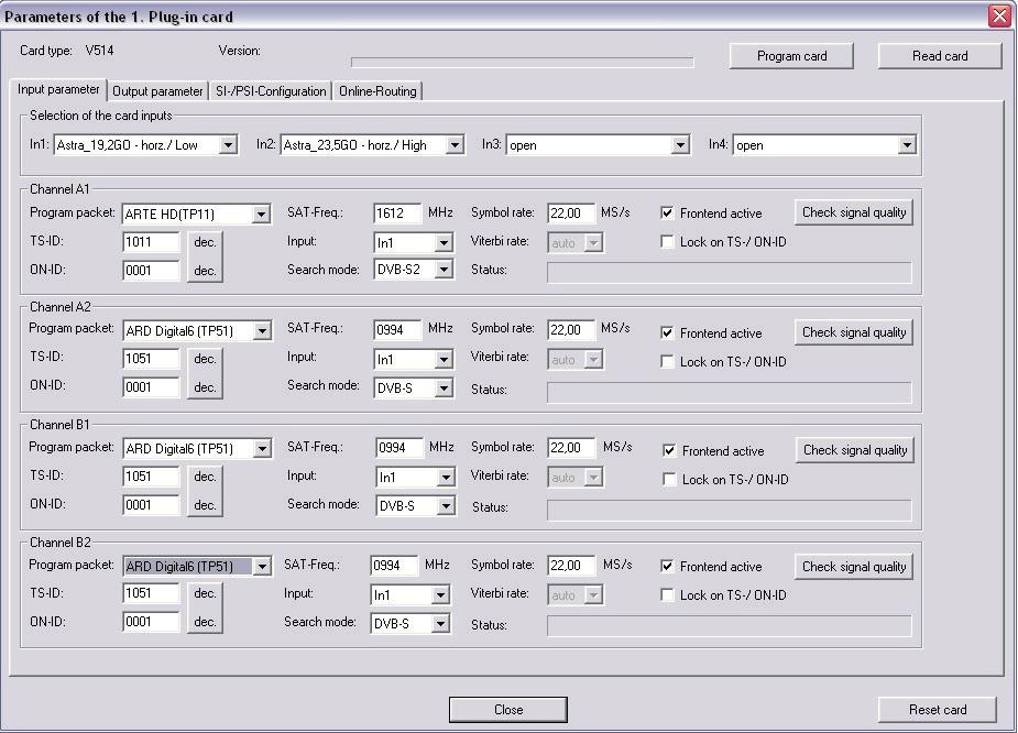 4 Input parameters / signal quality testing If the satellite transponder to be processed is selected in the planning window of the basic unit, then all relevant input parameters such as SAT-ZF,