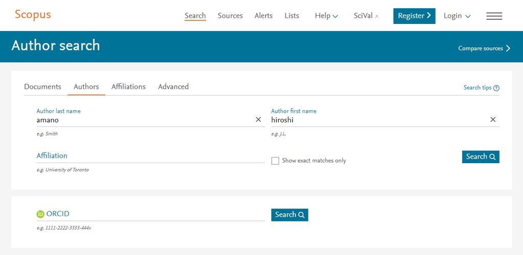 Scopus 26 Search for authors 2 Author search Scopus groups documents written by the same author via an algorithm that matches authorship based on certain