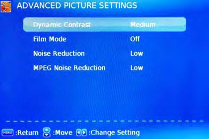 Advanced Picture Settings: Press button to enter the Advanced Picture Settings. Dynamic Contrast: Select the dynamic contrast mode between Off, Low, Medium and High.