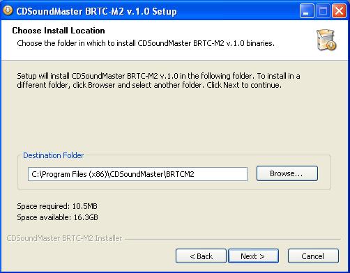 Choose the location to install the BRTC-M2 Licenser program. This is typically installed to C:\Program Files\CDSoundMaster\ BRTC-M2 folder.