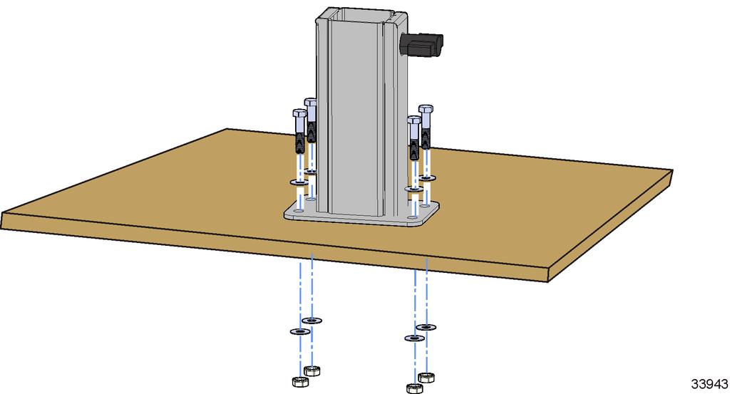 4 Checkstand Display Mount 2. Drill four 6 mm (0.25 in.) holes for the mounting bolts and one 38 mm (1.5 in.) hole for the DynaKey cable(s) in the desired location on the countertop.