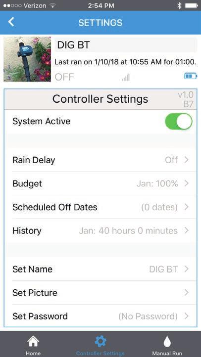 Settings The timer s Settings screen contains everything else needed to fully control your irrigation system. It can be reached by selecting the Controller Settings button on the bottom of the screen.