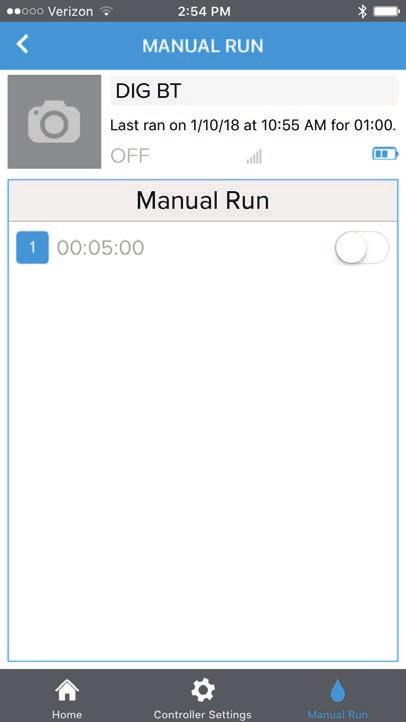 Manual Run The Manual Run screen allows for manual operation of the timer. It can be reached by selecting the Manual Run button on the bottom right of the screen.