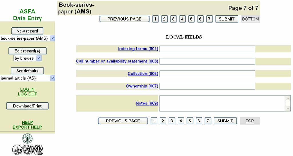 The seventh screen of an AMS worksheet is reproduced below. Fig. 8 Seventh screen of an AMS Worksheet LOCAL fields (Fig.
