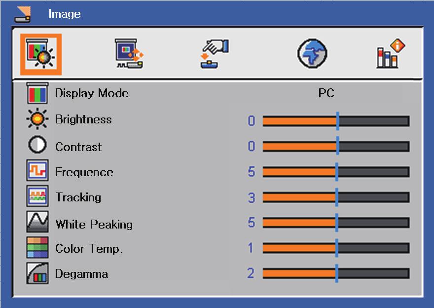 User Controls Image (PC Mode) Display Mode here are many factory presets optimized for various types of images. PC: For computer or notebook. Movie: For home theater. srgb: For standard color.