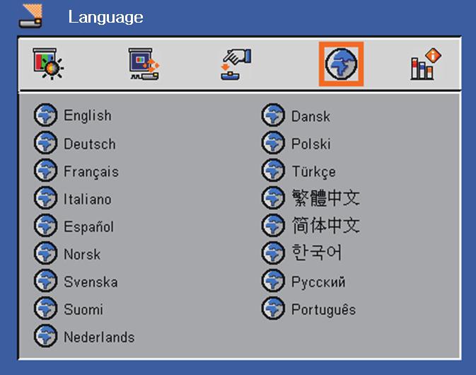 User Controls Language Language Choose the multilingual OD menu.