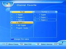 2 Channel Favourite The channel favourite menu allows you to create a group of your favourite channels, which you to call up easily by pressing FAV 1) Press FAV to create a favorite group 2) Select