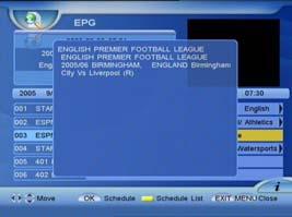 Press the YELLOW button to enter Scheduled Programs list which displays all reserved programs. Press the RED button to toggle EPG to another style (EPG 2). 6.2.1 EPG 2 Press to move the channel focus.