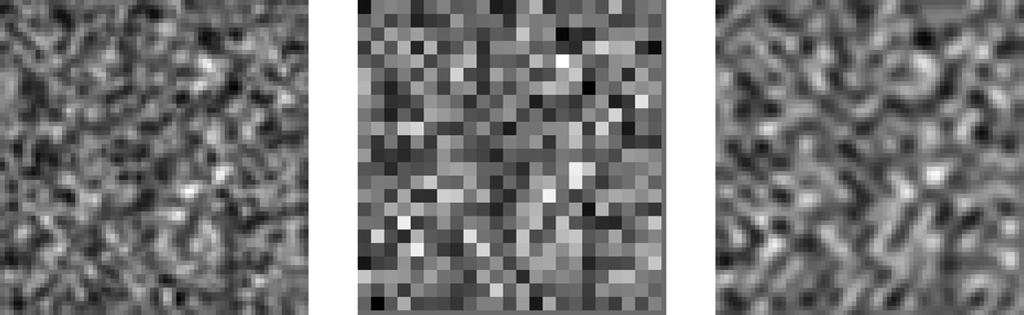 A stationary 2D random process (left) was downsampled by a factor of 3 and then reconstructed using a rectangular kernel (middle) and the sinc kernel (right).