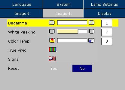 USER CONTROLS Image-II De gamma This allows you to choose a degamma table that has been finetuned to bring out the best image quality for the input.