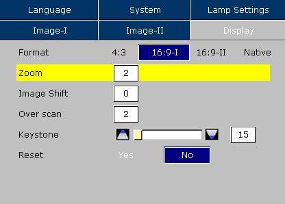 USER CONTROLS Display Format 4:3: The input source will be scaled to fit the projection-screen. 16:9-I: The standard wide-screen display format of the projector.