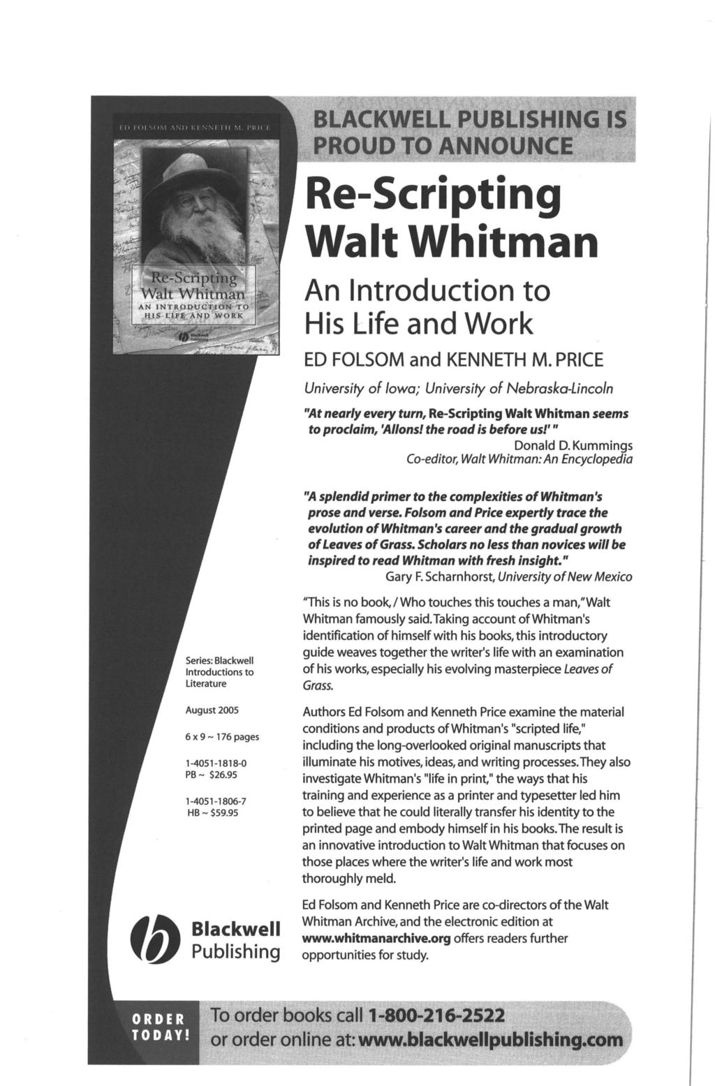 Re-Scripting Walt Whitman An Introduction to His Life and Work ED FOLSOM and KENNETH M.
