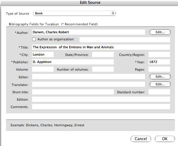 Word opens a dialog box that functions as a data entry form for bibliographical information. Select the Type of Source (such as Book, journal, etc.