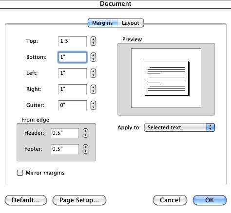 6. On the Margins dialog box, change the margins (the top margins must be 1.5 inches, the bottom, left and right must be 1 inch).