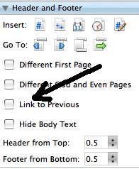 With the insertion point in the Section containing the Landscape pages, under the VIEW menu, select Header and Footer. Select the Header and Footer tab.