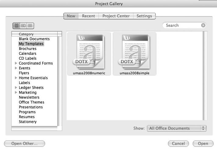 (If Word does not open it automatically, you can find the Project Gallery under the FILE menu.